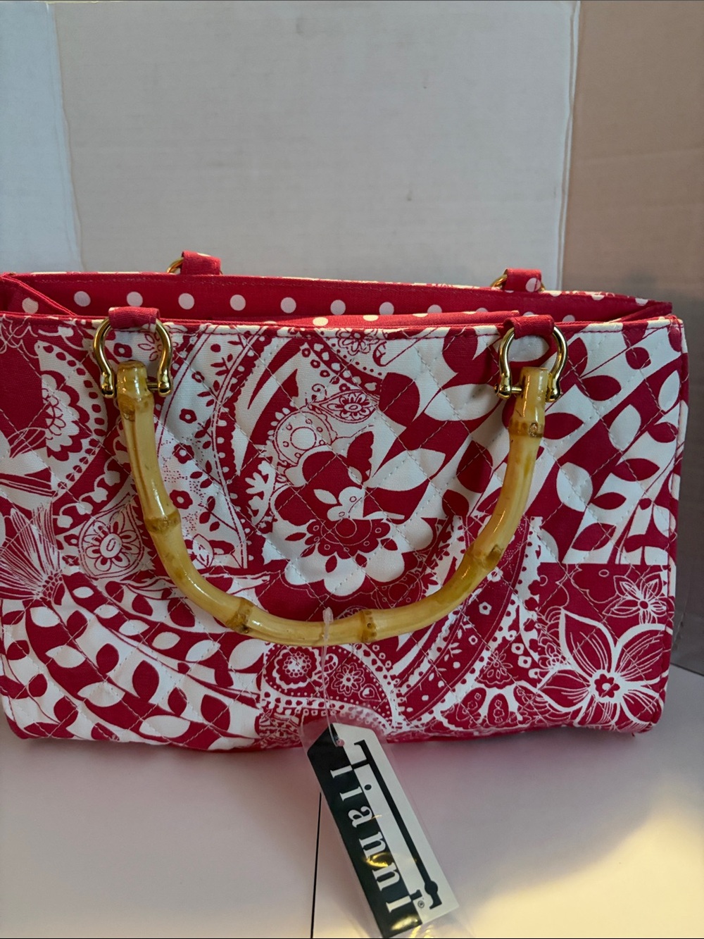 NWT Tianni Red dark pink and White Printed floral cloth bag Bamboo-Style Handles